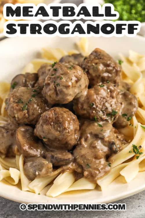 creamy plated Meatball Stroganoff with a title