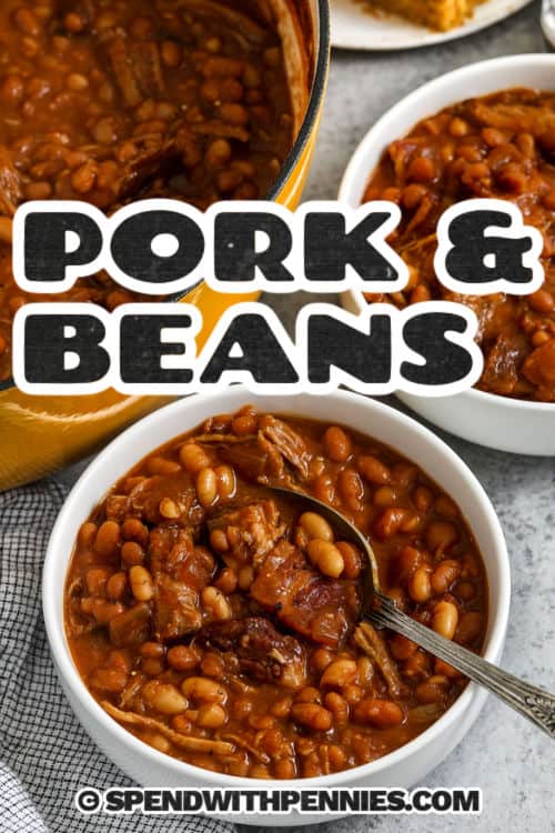 Pork and beans is a simple yet flavorful recipe made with tender pork, baked beans, and a rich sauce that’s both sweet and tangy. With smoky bacon, chopped onion, garlic, and a slow-cooked broth seasoned with mustard and vinegar, every bite is hearty and satisfying. Perfect for family dinners, a potluck dish, or a cozy weekend meal, this easy favorite is comfort food at its best. #spendwithpennies Pork and Beans in bowls with a title