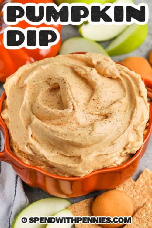 Pumpkin dip is the sweet and creamy treat that tastes just like pumpkin pie in dip form. This easy recipe blends smooth cream cheese with pumpkin puree, a touch of spice, and a swirl of whipped topping for that perfect balance of rich and light. Serve it with crisp apple slices, bananas, or graham crackers for dipping. It is like cheesecake, pie, and pudding all in one bowl, perfect for fall gatherings or just a cozy snack at home. #spendwithpennies Pumpkin Dip with a title