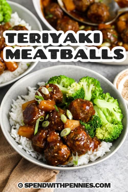 closeup up teriyaki meatballs in a bowl with broccoli and rice, with writing