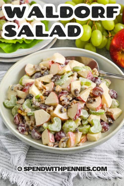 waldorf salad in a bowl with writing