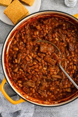 yellow pot of Pork and Beans with a spoon