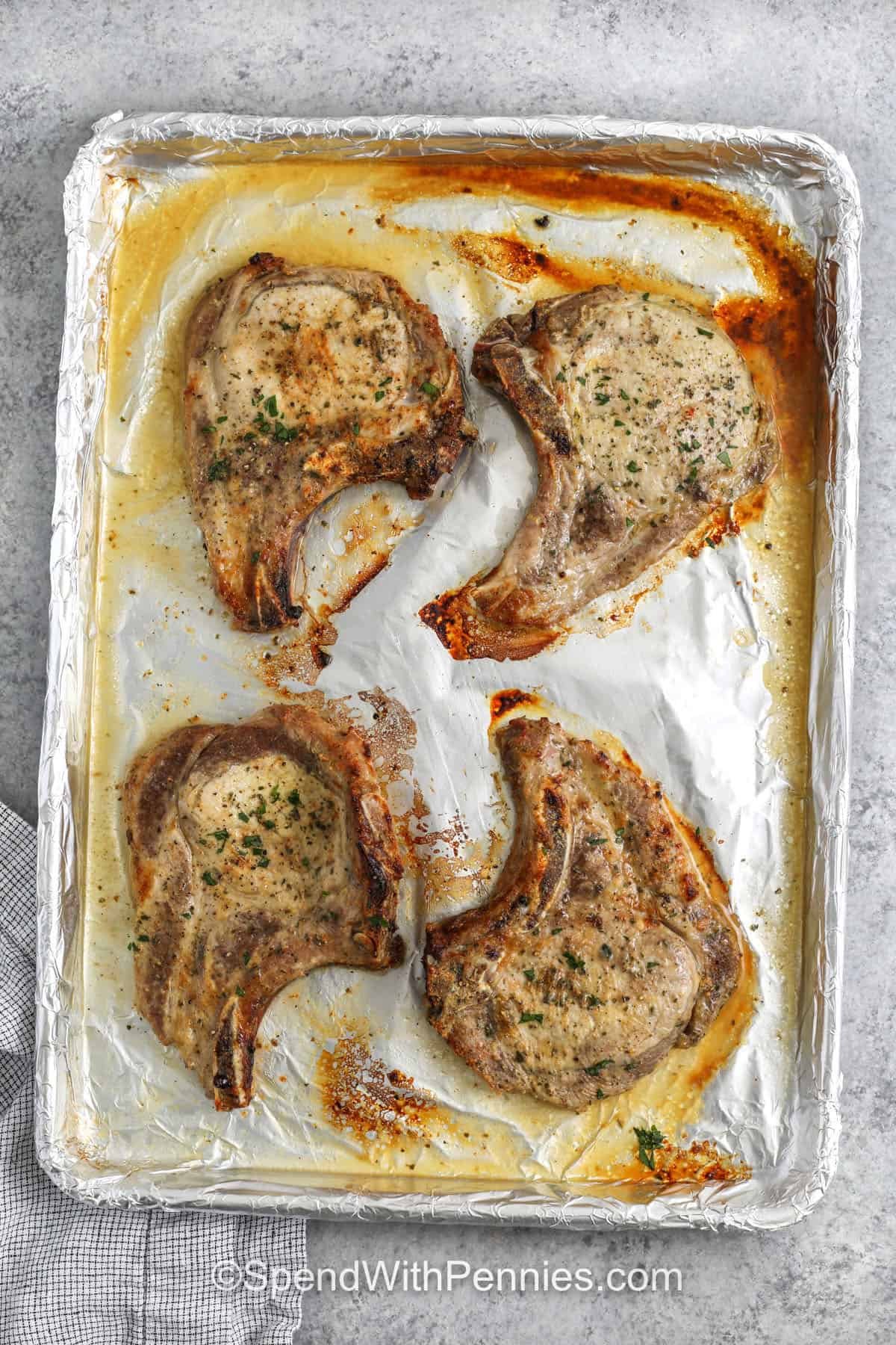 cooked Ranch Pork Chops on a sheet pan