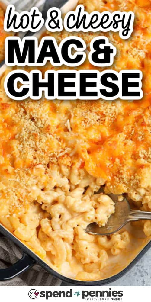 You’ll love how this baked mac and cheese recipe turns out creamy, cheesy, and full of flavor. A blend of cheeses, cream, and milk makes the sauce extra smooth and velvety. The bread crumb topping adds a buttery crunch that’s pure comfort. For a flavor twist, try mixing in crispy bacon before baking for a smoky homemade finish. This easy recipe is great for family dinners or holidays. It’s a Southern classic that brings everyone back for seconds. #spendwithpennies hot and cheesy Baked Mac and Cheese Recipe with writing