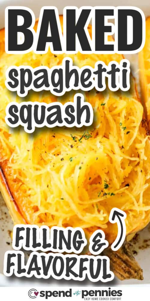 Baked spaghetti squash is perfect for a healthy and delicious side. This easy recipe is seasoned with salt, pepper, and a touch of butter, and can be topped with cheese or feta for extra richness. Pair it with chicken, slices of tomato, or enjoy it as a simple, wholesome dish on its own. The oven brings out the squash’s natural flavor beautifully when cooked at the right temperature. #spendwithpennies baked and shredded spaghetti squash with writing