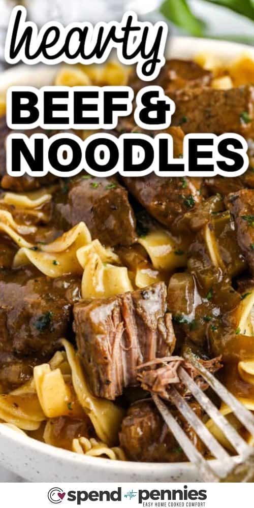 This beef and noodles recipe is a flavorful classic that pairs beef and egg noodles with a savory onion gravy. Celery, parsley, and spices simmer in broth as the beef cooks, creating layers of rich taste. This easy dinner is hearty enough on its own but pairs beautifully with broccoli or a crisp green salad. It is a simple home-style dish that is perfect for sharing at the dinner table with loved ones. #spendwithpennies hearty Beef and Noodles Recipe with a title