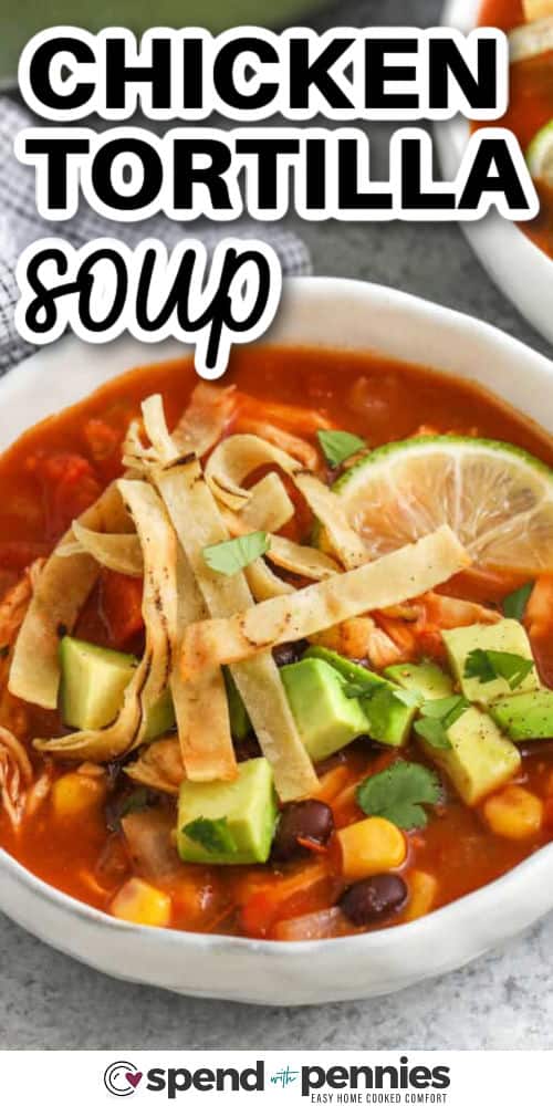 close up of Chicken Tortilla Soup with tortilla strips and a title