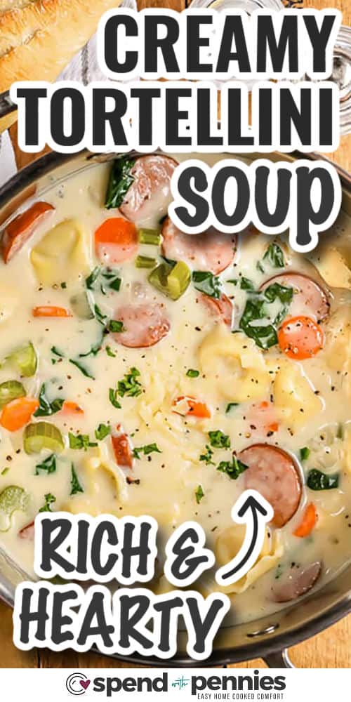 Creamy tortellini soup is a cozy dish made with smoky sausage, crisp bacon, and tender cheese tortellini simmered in a creamy broth. Fresh spinach and Italian seasoning add the perfect touch, making this recipe both hearty and flavorful. Simple to cook in one pot, it’s a great choice for busy weeknights or weekend comfort meals. Sprinkle with Parmesan cheese and enjoy every spoonful. #spendwithpennies rich and hearty Creamy Tortellini Soup with writing