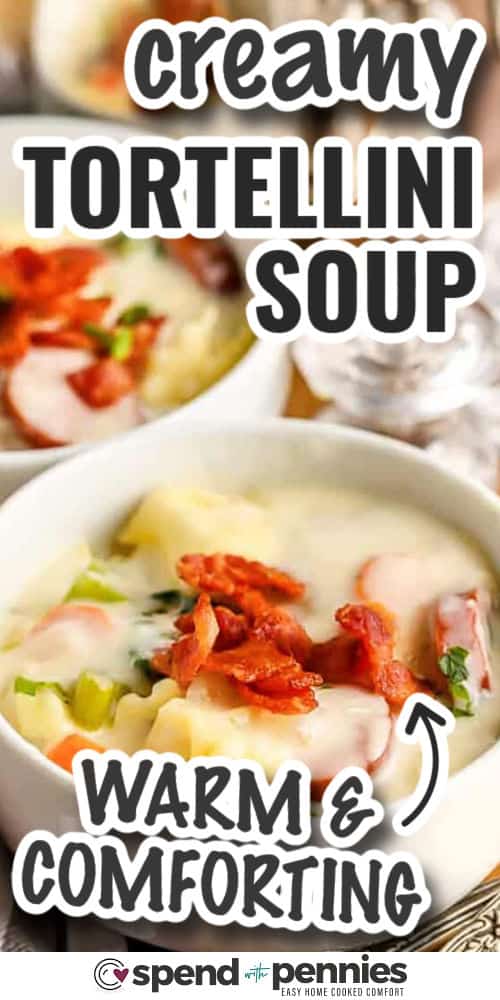 Creamy tortellini soup has all the makings of the best comfort meal. Tender cheese tortellini and spinach are simmered with smoky sausage, bacon, and Italian spices in a creamy broth. It’s a pot of hearty flavor that feels like a warm hug. This recipe is easy to make and perfect for any night of the week. Don’t forget the Parmesan cheese for the perfect topping. #spendwithpennies warm and comforting Creamy Tortellini Soup with writing