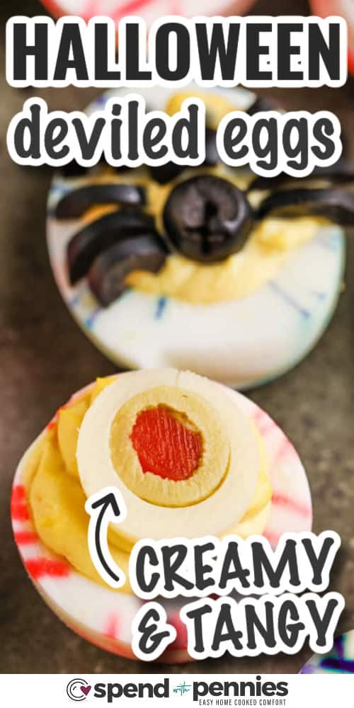 Halloween deviled eggs are the perfect recipe to make for spooky gatherings. The whites are cleverly marbled for a dramatic effect, and the creamy yolk fillings become the base for eyeball or spider decorations that will get a giggle out of everyone. They’re also easy to decorate with pumpkin shapes, avocado accents, or your own ideas. Fun to make and share, these creepy treats add frightful flair to any Halloween table! #spendwithpennies creamy and tangy Halloween Deviled Eggs with writing