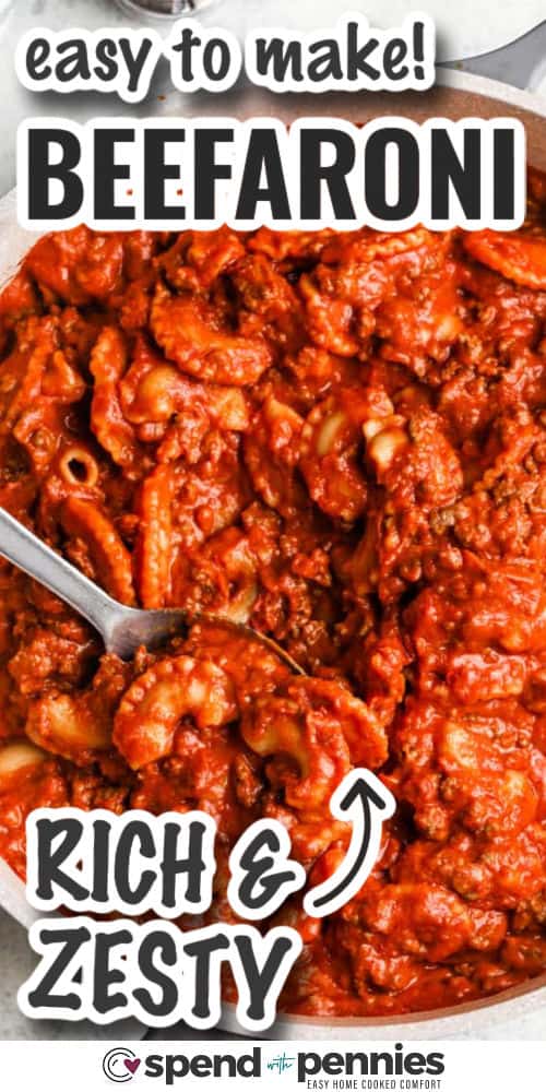 Homemade beefaroni gets a delicious upgrade in this creamy, cheesy skillet version. Lean ground beef, hearty macaroni, and a flavorful tomato base come together with cream cheese and cheddar for a dish that's both comforting and crave-worthy. It simmers all in one pan for less cleanup and more flavor. A kid-friendly classic that’s easy to make and even easier to love. #spendwithpennies beefaroni in a bowl with a spoon and writing