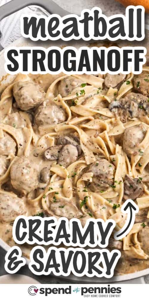 creamy and savory Meatball Stroganoff with writing