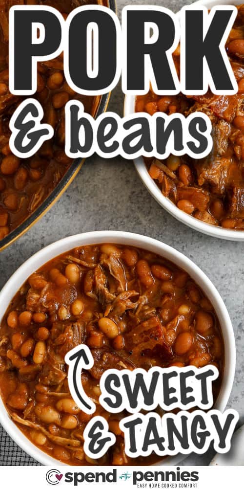 Pork and beans are a hearty comfort food that fills the table with rich, smoky flavor. Tender pork shoulder is browned, slow-cooked, then shredded and stirred into a sweet and tangy sauce with baked beans and white navy beans. A touch of molasses, brown sugar, and vinegar gives this recipe the perfect balance. Serve with cornbread, rice, or coleslaw for a meal that’s cozy and satisfying any day of the week. #spendwithpennies sweet and tangy Pork and Beans with writing