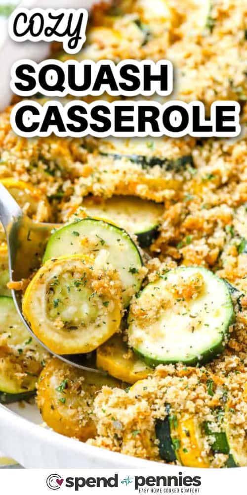 close up of Squash Casserole on a spoon with a title