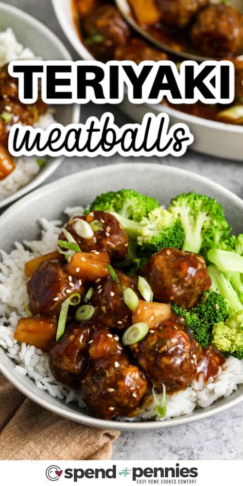 teriyaki meatballs with broccoli and rice in a bowl, with pan in the background, with writing