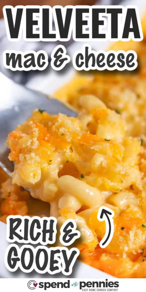 Velveeta mac and cheese is the ultimate creamy comfort food you can make anytime. This easy recipe blends cheddar, Velveeta, milk, and seasonings into a rich homemade sauce that coats every piece of elbow macaroni perfectly. A hint of mustard and onion powders give it a flavor boost. Bake it with a crisp Panko breadcrumb topping, or keep it smooth in the Crock Pot. Either way, it’s far better than anything from a box! #spendwithpennies
a scoop of Velveeta mac and cheese with text