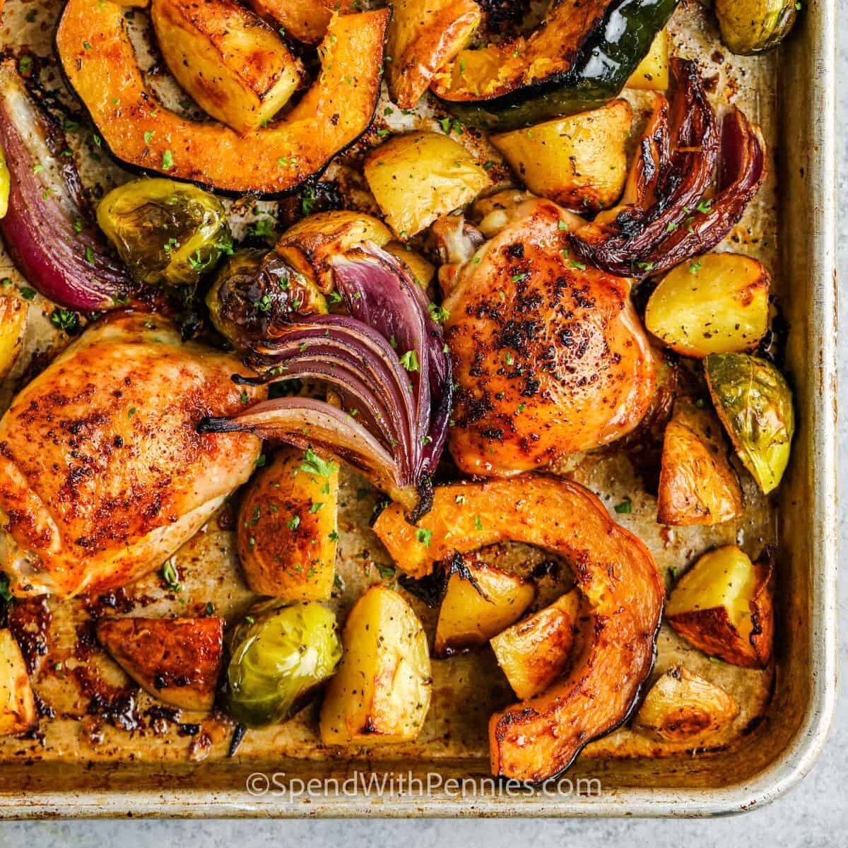 top view of cooked Sheet Pan Chicken and fall Veggies