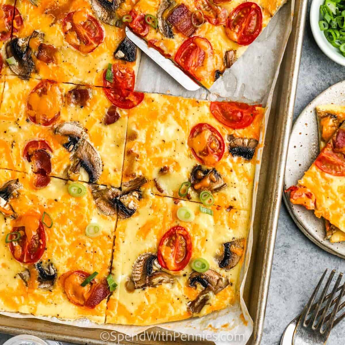 sliced Sheet Pan Eggs in the pan