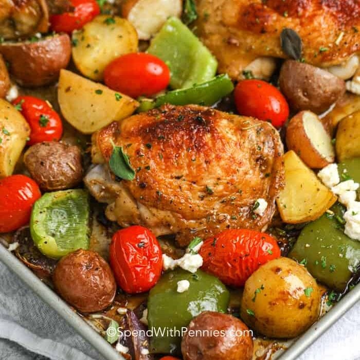 Greek sheet pan chicken, vegetables and potatoes with feta cheese