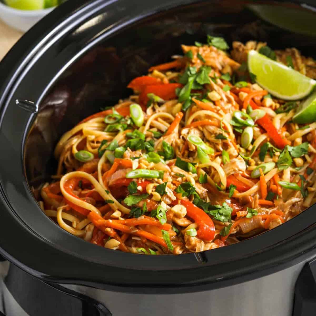 A slow cooker with noodles, chicken, vegetables and topped with peanuts, herbs and green onions.