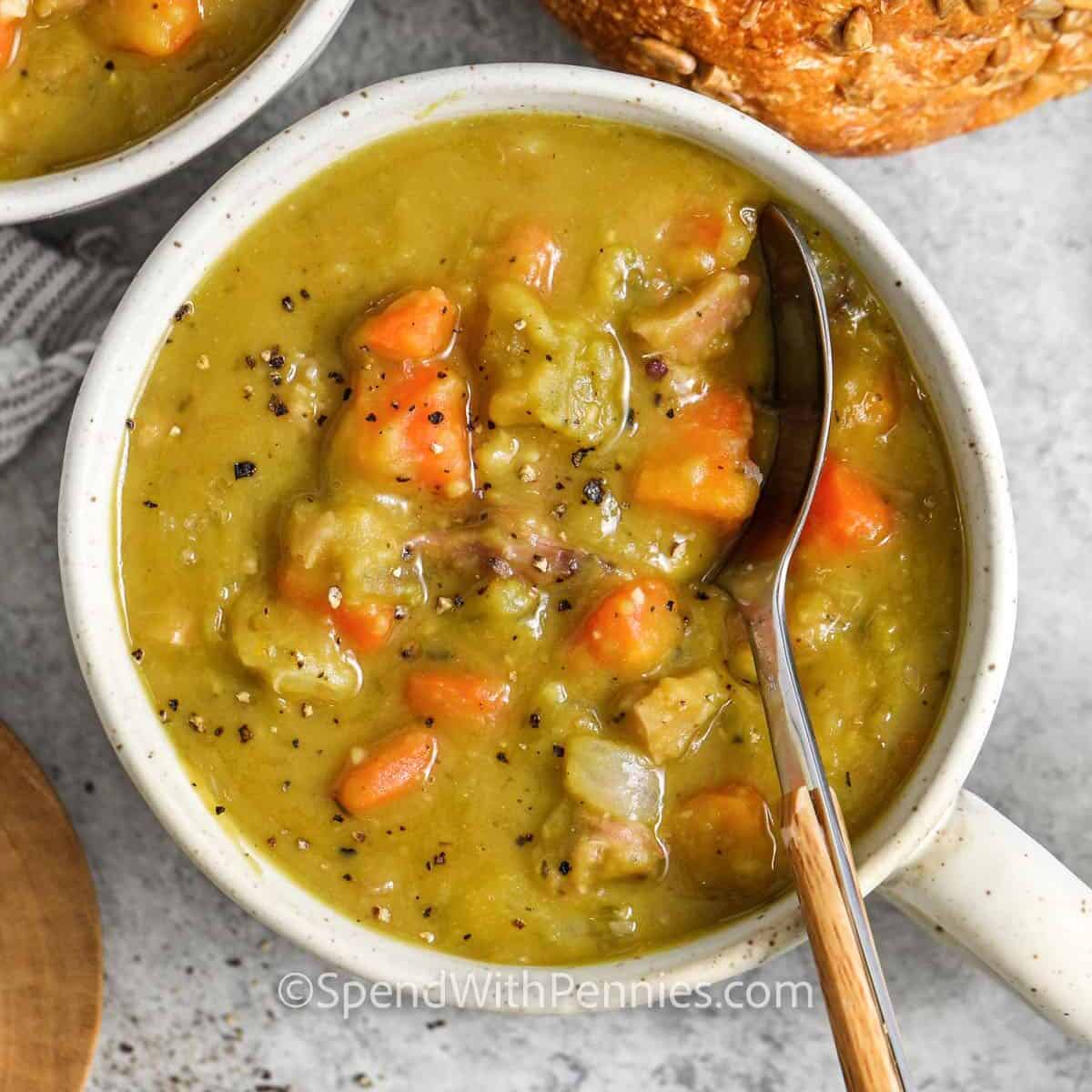 bowls of Split Pea Soup with a spoon