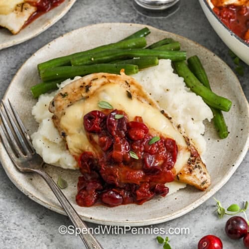 Cranberry Chicken on a plate with a fork