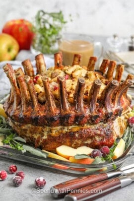 dish of Pork Crown Roast with cranberries and apples