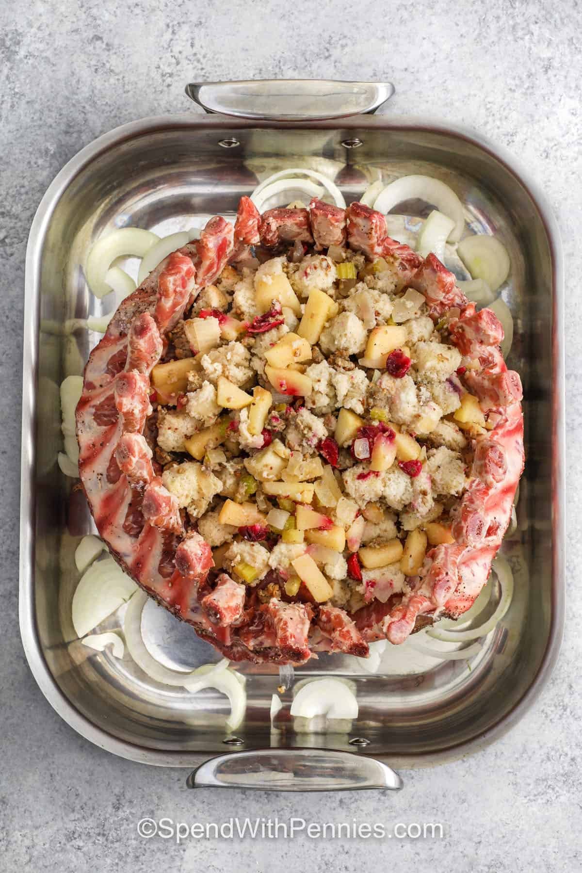 adding Pork Crown Roast to the pan
