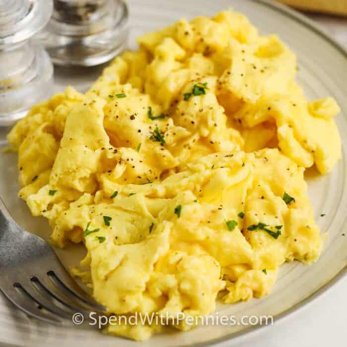 plated Fluffy Scrambled Eggs with salt and pepper