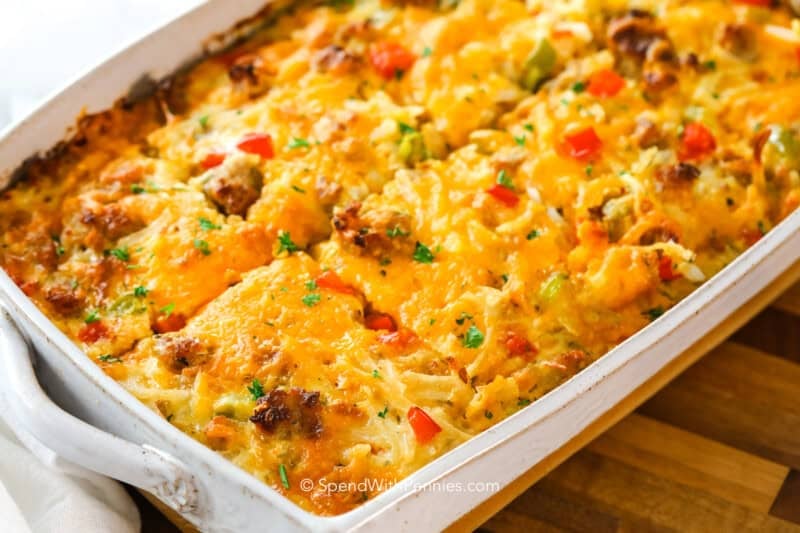 A hashbrown and egg breakfast casserole baked i a dish