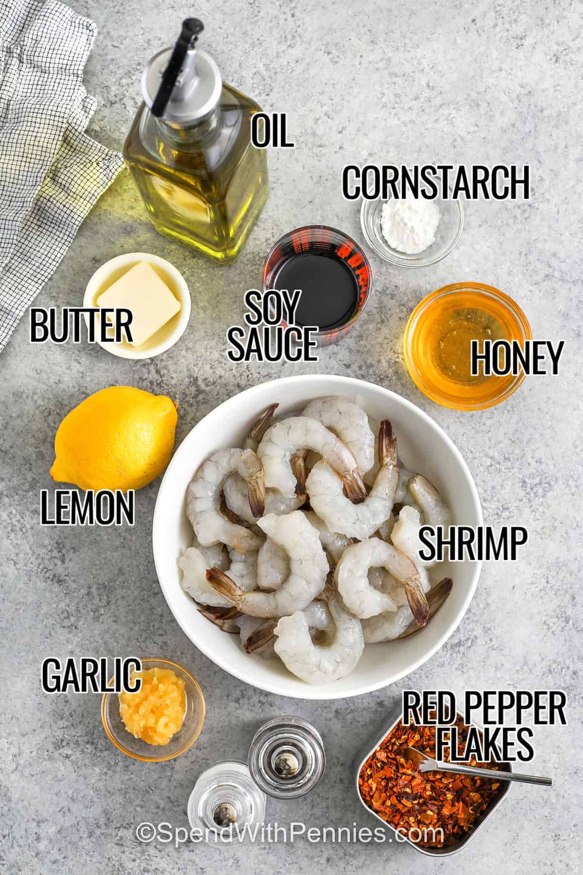 ingredients to make honey garlic shrimp with labels