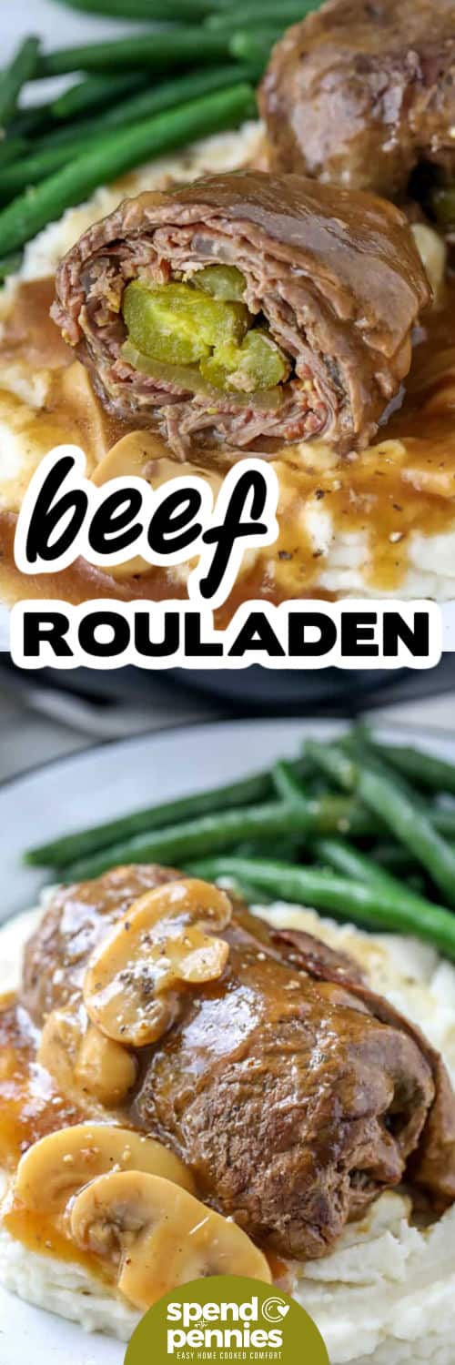 Jautienos ruladenas suteikia tradicinį vokišką komfortą su garstyčių, šoninės, svogūnų ir krapų raugintų agurkų sluoksniais, apvyniotais minkšta jautiena ir apskrudinta prieš troškinant. Iš lėto virimo gaunamas gilus, pikantiškas padažas, puikiai tinkantis patiekti ant bulvių ar makaronų. Šiame recepte suderinti sotūs skoniai, žinomi ingredientai ir paprasta technika, todėl jis yra mėgstamiausias bet kokiai progai. #išleisti su centais ant bulvių košės išdėliotas jautienos ruladenas ir iš arti nuotrauka, kurioje vienas per pusę ir pavadinimas