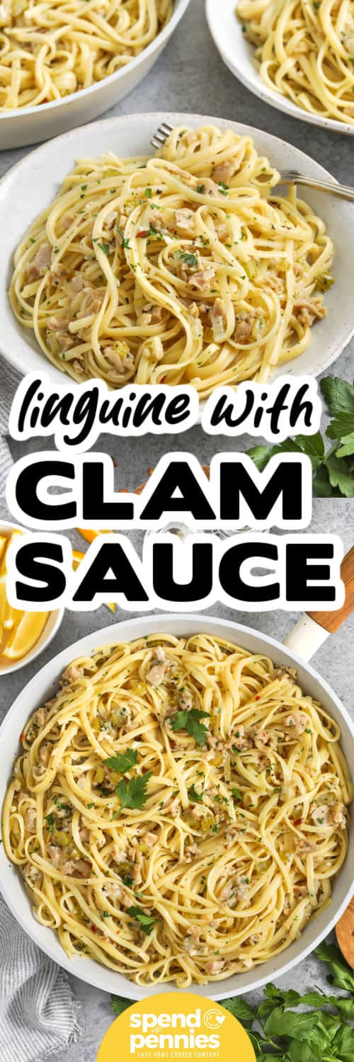 Linguine with clam sauce brings the taste of the sea to your pasta pot with fresh flavors and simple ingredients. Garlic, celery, and onion create a base for clams in a white wine sauce, finished with butter and lemon zest. Tossed with cooked linguine and sprinkled with parsley, this recipe is one of the best ways to make an elegant pasta dinner at home. Perfect for spaghetti lovers seeking a fresh seafood twist that feels both comforting and gourmet. #spendwithpennies Linguine with Clam Sauce in the pot and plated with a title