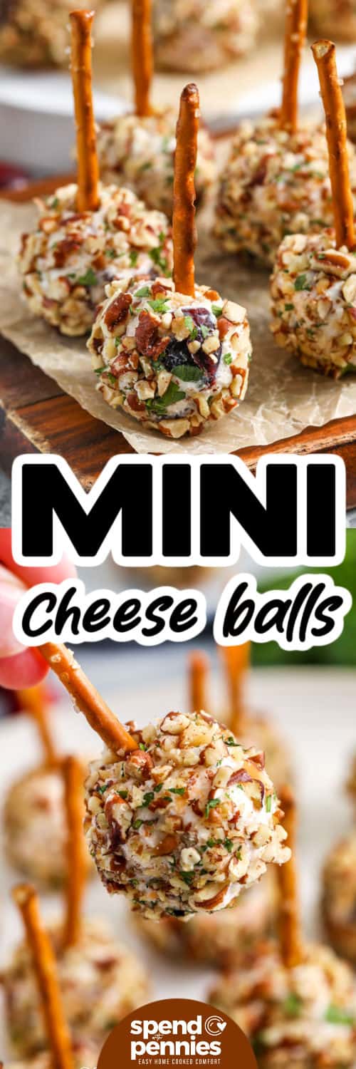 Mini Cheese Balls on a wooden board and close up of holding one with a title