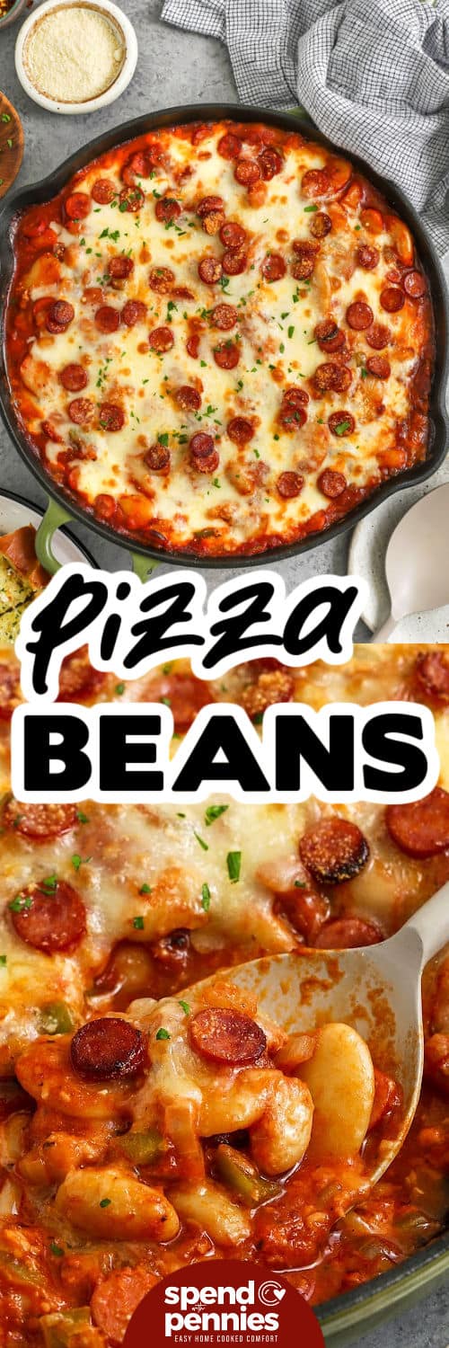 Pizza beans bring tender beans, pizza sauce, tomato sauce, and a sprinkle of pepperoni together for a dish that feels comfy and homey. The melted cheese forms a golden top that makes it taste like a baked skillet meal. Add black olives or veggies to change it up. Warm bread or focaccia on the side helps scoop up every last bit of sauce. #spendwithpennies Pizza Beans in the pan and close up photo with a title