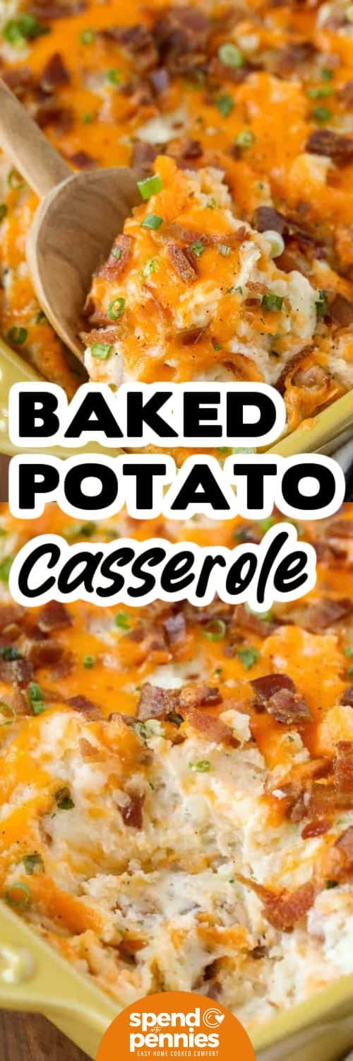 Bring warm comfort to your table with this twice baked potato casserole. It is made from baked or boiled potatoes and mixed with tangy sour cream, cream cheese, and sharp cheddar. The bacon and green onions create a loaded potato taste that everyone loves. This casserole works wonderfully for holidays, potlucks, or simple family dinners and can be frozen before baking for easy planning. #spendwithpennies taking a part of Twice Baked Potato Casserole out of the casserole dish and close up photo with a title