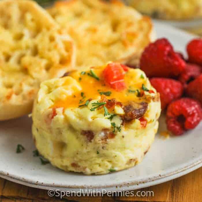 Microwave Omelette with english muffin & raspberries on a plate