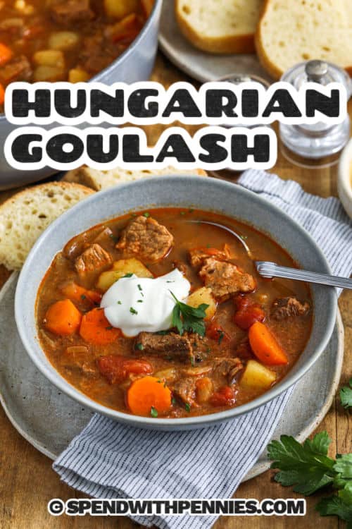 Hungarian goulash is a classic beef recipe that’s both hearty and delicious. It features chunks of beef simmered in a tomato and paprika broth that’s rich, flavorful, and so comforting. Add carrots and potatoes for a full meal in one pot, and serve with bread or noodles to soak up every drop. Simple, warming, and perfect for family dinners. #spendwithpennies Hungarian Goulash in a bowl with a dollop of sour cream and a spoon with writing