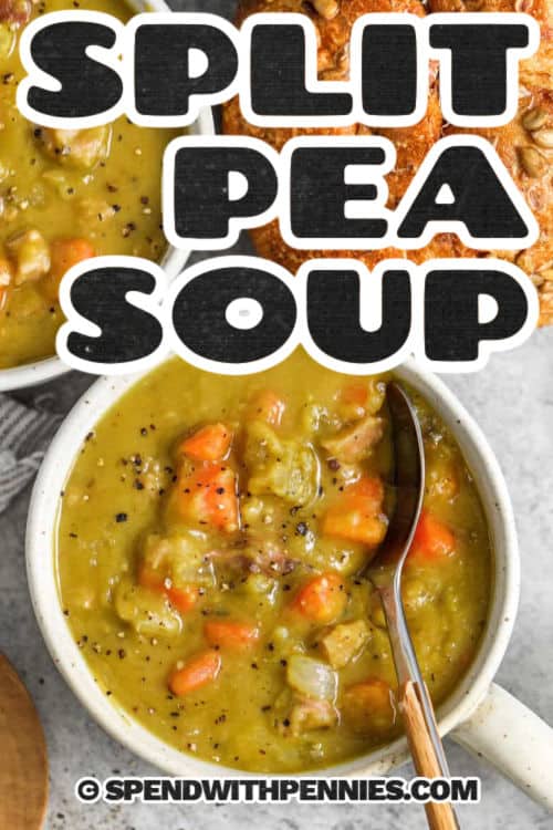Split pea soup is the ultimate comfort food for chilly days, made thick, creamy, and naturally rich without any cream. This old-fashioned recipe uses simple pantry staples like split peas, carrots, celery, and smoky leftover ham to create a hearty one-pot meal. It’s perfect for meal prep, freezer-friendly, and reheats beautifully for cozy family dinners or quick lunches. #spendwithpennies close up of plated Split Pea Soup with a title