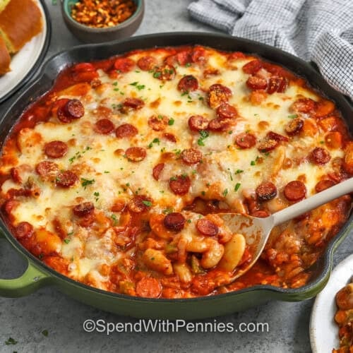 pan of cheesy Pizza Beans