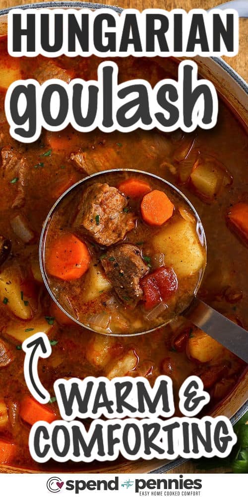 Hungarian goulash brings together tender beef, onions, and a flavorful paprika broth for a meal that’s hearty and comforting. This simple recipe can be cooked on the stovetop or baked slowly in the oven for rich flavor that deepens as it cooks. Add potatoes and carrots for a filling one-pot dinner everyone will love. #spendwithpennies Hungarian Goulash in a pot with a ladle and a title
