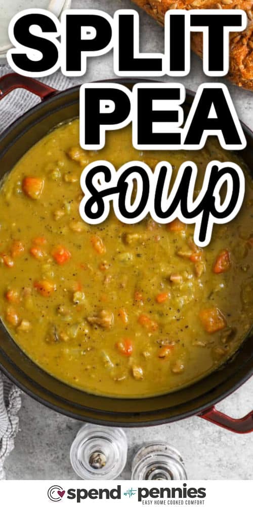 Split pea soup with ham is a hearty, easy-to-make classic that delivers rich, smoky flavor and naturally creamy texture. Simmer split peas slowly with carrots, celery, onion, herbs, and leftover ham for a one-pot dinner. Perfect for meal prep, using holiday ham, or making ahead for freezer meals, this recipe thickens naturally while filling your kitchen with comforting aromas, making every bite a warm, delicious experience. #spendwithpennies pot of comforting Split Pea Soup with a title