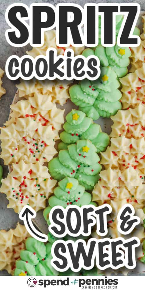 Sweet almond spritz cookies bake soft and tender with crisp edges and pretty holiday shapes. The dough presses easily, creating delicate designs that hold up well in the oven. Using simple pantry ingredients, this recipe is ideal for festive cookie trays or make-ahead baking. Serve them plain or top with sprinkles for a colorful finish. #spendwithpennies soft and sweet Spritz Cookies with writing