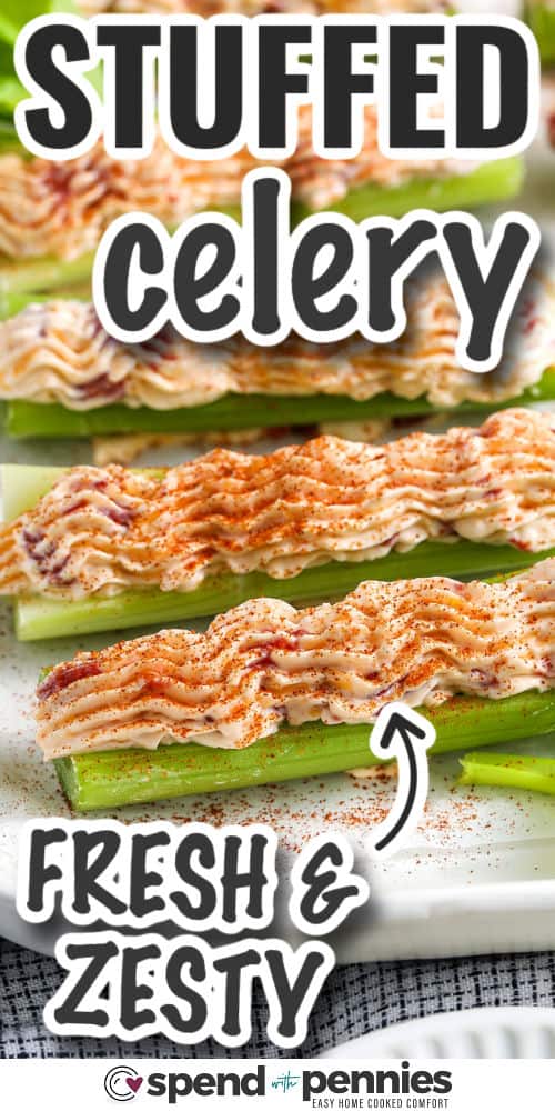 fresh and zesty Stuffed Celery with writing