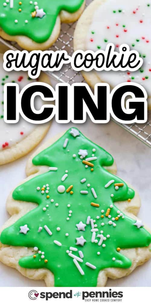 This sugar cookie icing brings a light vanilla taste and a shiny finish that sets just right on every cookie. It is simple to stir together and adds a cheerful look to holiday baking. Spread it on gingerbread, shortbread, or cutout cookies for a sweet and tidy finish. It is a classic choice that helps make homemade treats feel ready for the season year after year #spendwithpennies Closeup of a sugar cookie cutout with sugar cookie icing and sprinkles, with writing