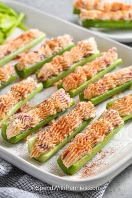 Stuffed Celery with on a plate with seasonings