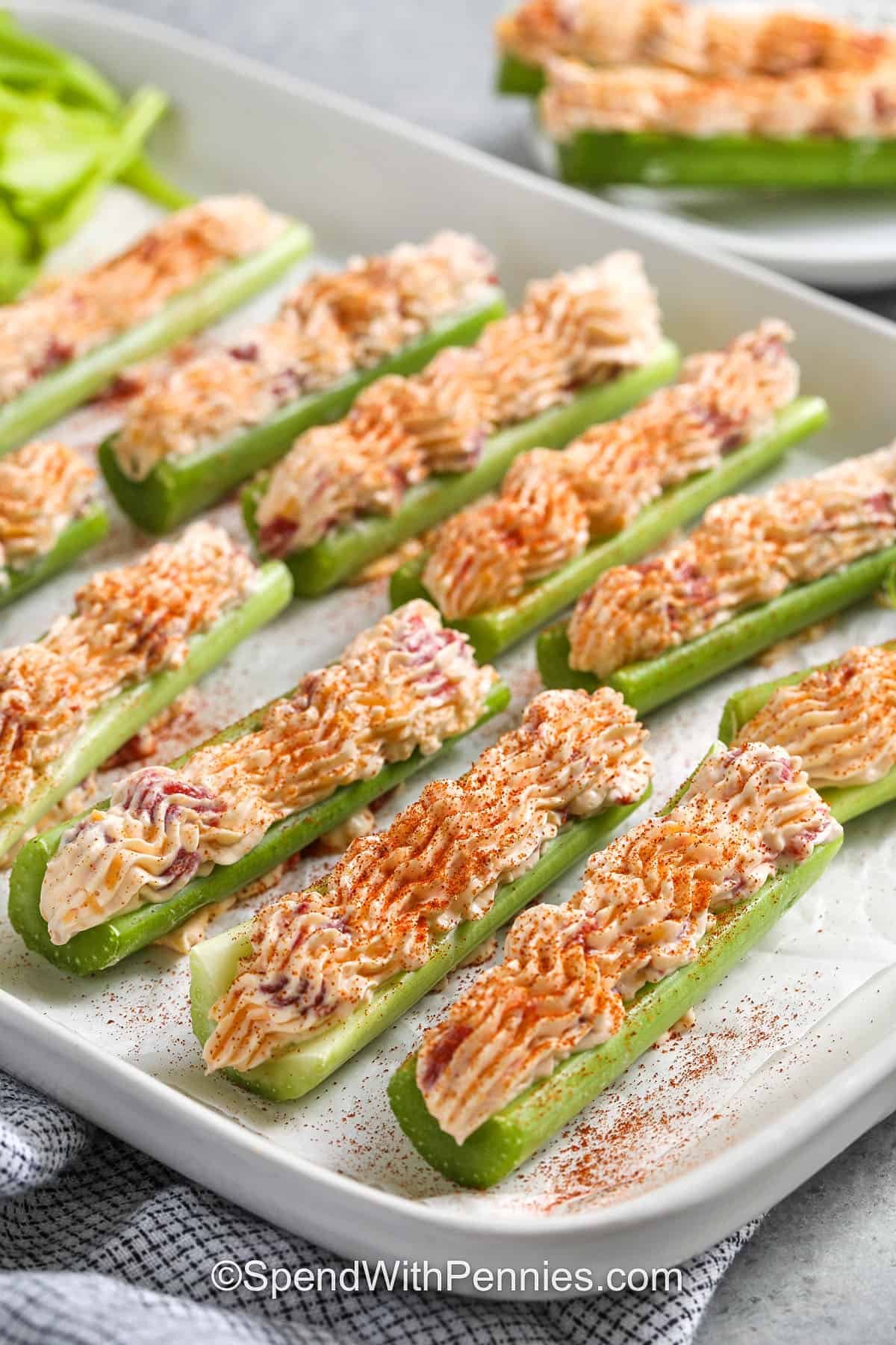Stuffed Celery with on a plate with seasonings