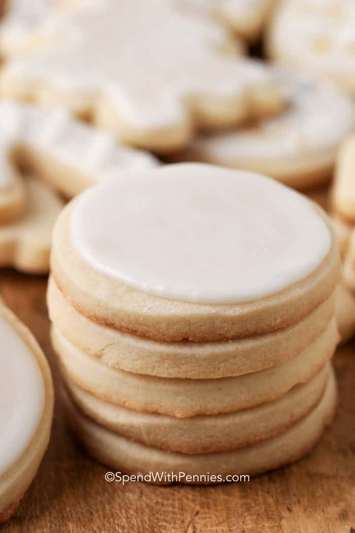sugar cookies recipe baked and iced in a stack