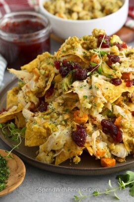 a plate of thanksgiving nachos
