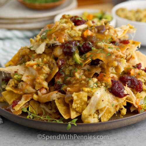 a plate of thanksgiving nachos
